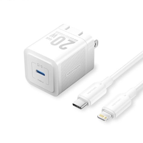 Bộ combo củ sạc + cáp sạc 1 cổng USB-C to Lightning Vention GaN White TZFEPB0-US-02