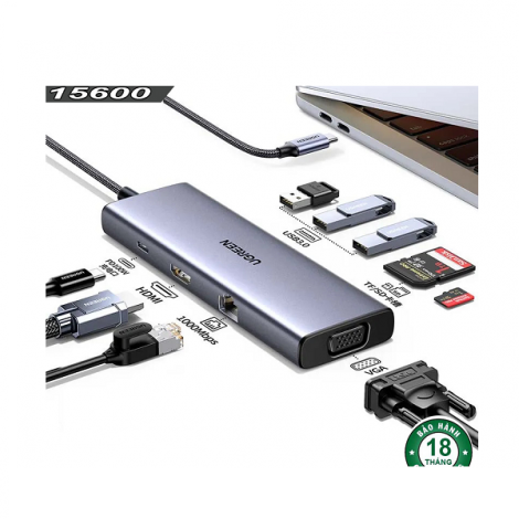 Bộ chuyển đổi đa năng USB TypeC to HDMI + VGA + 3x USB 3.0 + RJ45 + TF/SD + USB-C PD 100W Ugreen 15600