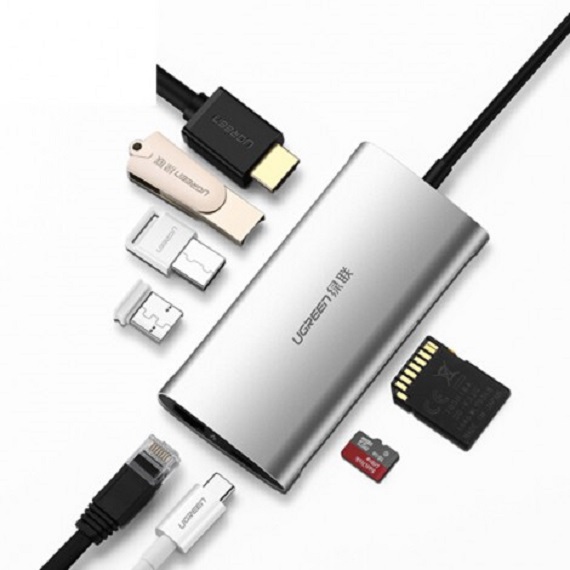 Thiết bị mở rộng USB type-C sang HDMI/Ethernet/Hub USB 3.0/Card SD/TF Ugreen 50516 màu bạc cao cấp