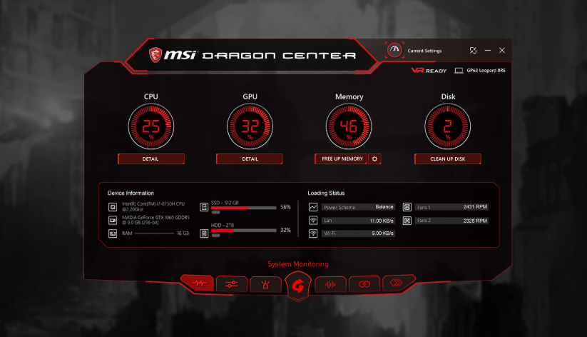 MSI GP63 8RD Leopard dragon center 2.0