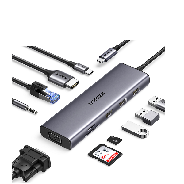 Bộ chuyển đổi USB Type-C sang LAN, HDMI, VGA, 3 x USB 3.0, Audio 3.5mm, SD/TF, sạc PD 100W Ugreen 15601