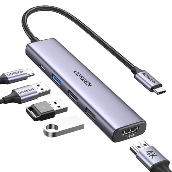 Hub USB Type-C 5 trong 1 ra HDMI 4K@30Hz, USB 2.0, USB 3.0, Sạc PD 100W Ugreen 15495 cao cấp